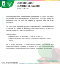 Comunicado Centro de Salud 21 de febrero de 2022