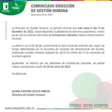 Comunicado Dirección de Gestión Humana: Constancias laborales